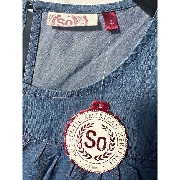 SO Ruffle Cold Shoulder Top Size Small Embroidered Eyelet Chambray Blue Boho NEW - Picture 4 of 8